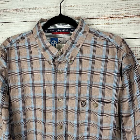 Mens George Straight Cowboy Cut Wrangler LS Button Up Shirt Brown Plaid 2XL Tall - Picture 1 of 7
